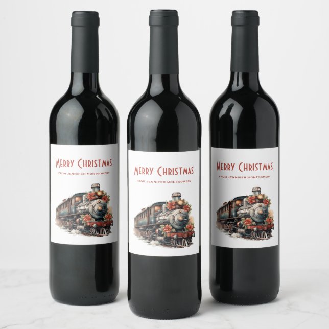 Old-Fashioned Steam Train Retro Christmas Wine Label (Bottles)