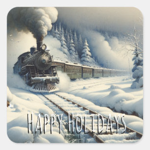 Old-Fashioned Train and Vintage Happy Holidays Square Sticker