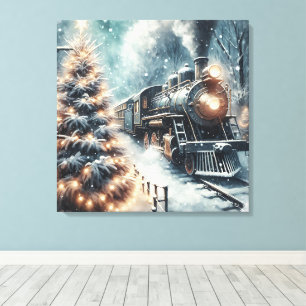 Old-Fashioned Train and Vintage Winter Scene Canvas Print