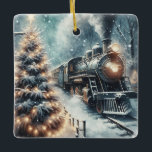 Old-Fashioned Train and Vintage Winter Scene Ceramic Ornament<br><div class="desc">Personalized Christmas ornament. . Old-fashioned vintage retro train in a beautiful snowy winter scene with a pine tree with illuminated Christmas lights.</div>