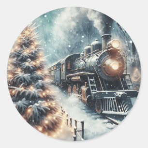 Old-Fashioned Train and Vintage Winter Scene Classic Round Sticker