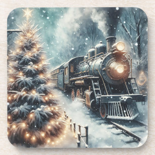 Old-Fashioned Train and Vintage Winter Scene Coaster