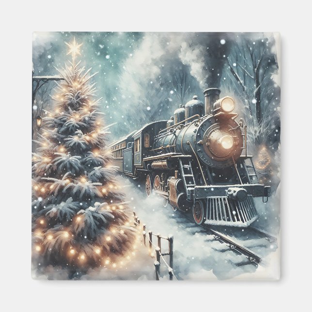 Old-Fashioned Train and Vintage Winter Scene Magnet (Front)