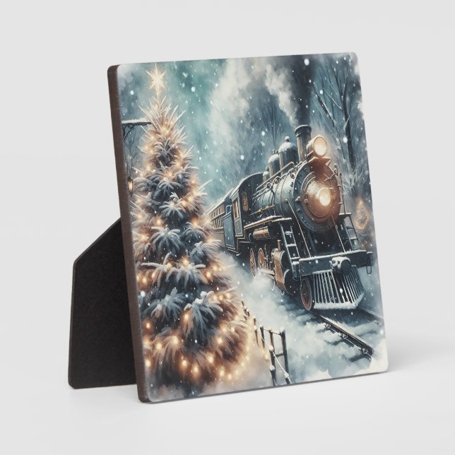 Old-Fashioned Train and Vintage Winter Scene Plaque (Front)