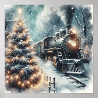 Old-Fashioned Train and Vintage Winter Scene