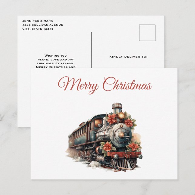 Old-Fashioned Train Retro Christmas Holiday Postcard (Front/Back)