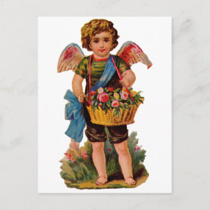 Old Fashioned Valentine Cupid With Roses Holiday Postcard