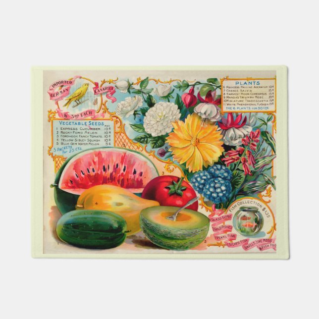 Old fashioned vegetable fruit flower seed advertis doormat (Front)
