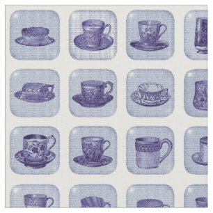 Old Fashioned Vintage Blue China Teacup Pattern Fabric