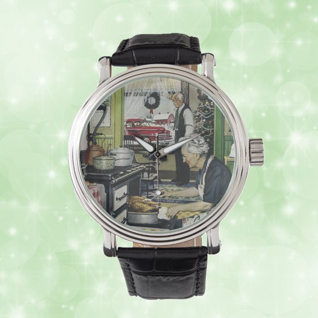 Old Fashioned Vintage Home Kitchen Christmas Watch (Vintage Holiday scene Grandma cooking turkey 1940s era on wrist watch.)