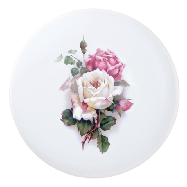 Old Fashioned White/Pink Roses-White Background Ceramic Knob (Front)