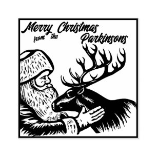 Old Fashioned Woodcut Santa Claus and Reindeer Rubber Stamp