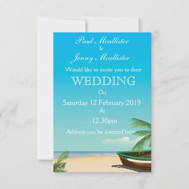 Old Fishing boat tropical wedding invite (Front)