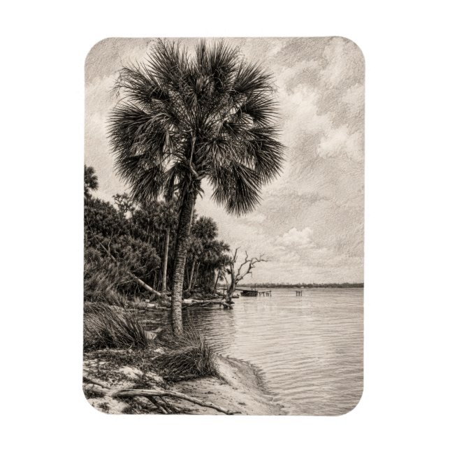 Old Florida Shoreline Graphite Sketch | Rockledge Magnet (Vertical)