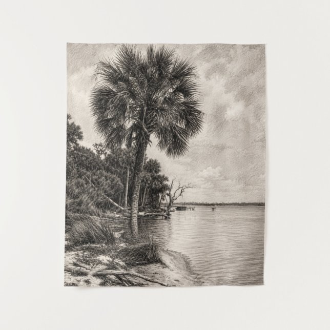 Old Florida Shoreline Graphite Sketch | Rockledge Tapestry (Front)