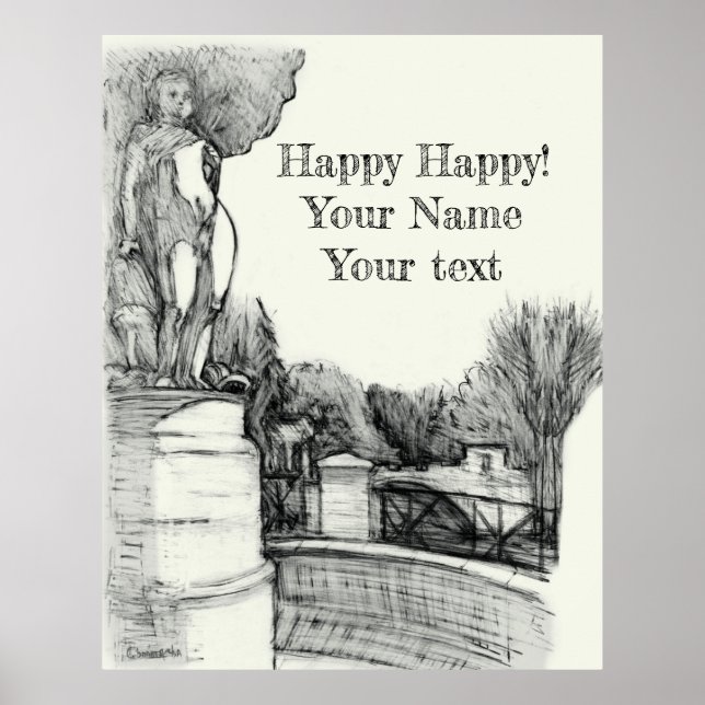 Old fountain in the park with sculpture boy poster (Front)