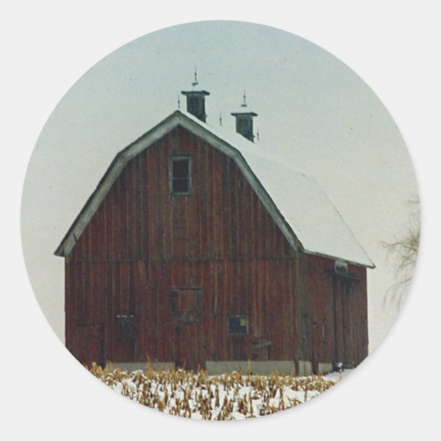 Old Gambrel Roof Barn on a Snowy Day Classic Round Sticker (Front)