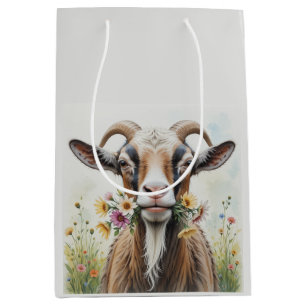  Old Goat with Flowers Fun Novelty Animal Pattern Medium Gift Bag