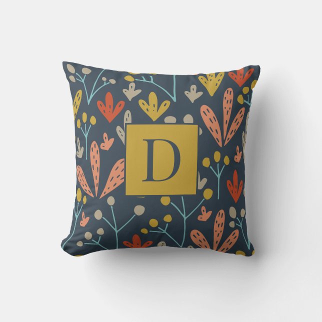 Old Gold Floral Pattern Modern Monogram Throw Pillow (Front)