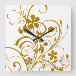 Old Gold Floral Swirl Square Wall Clock