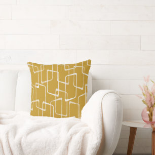 Old Gold Retro Lino Print Geometric Pattern Throw Pillow