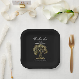 Old Gold Tree Family Reunion Black White Paper Plate