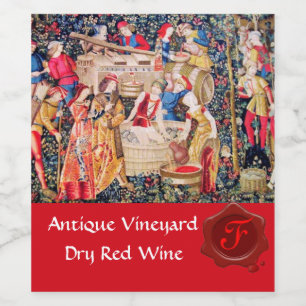 OLD GRAPE VINEYARD HARVEST RED WAX SEAL MONOGRAM WINE LABEL