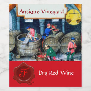 OLD GRAPE VINEYARD WINE BARRELS WAX SEAL MONOGRAM WINE LABEL
