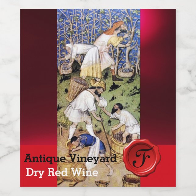 OLD GRAPE VINEYARD WINE ,RED WAX SEAL MONOGRAM LABEL (Single Label)
