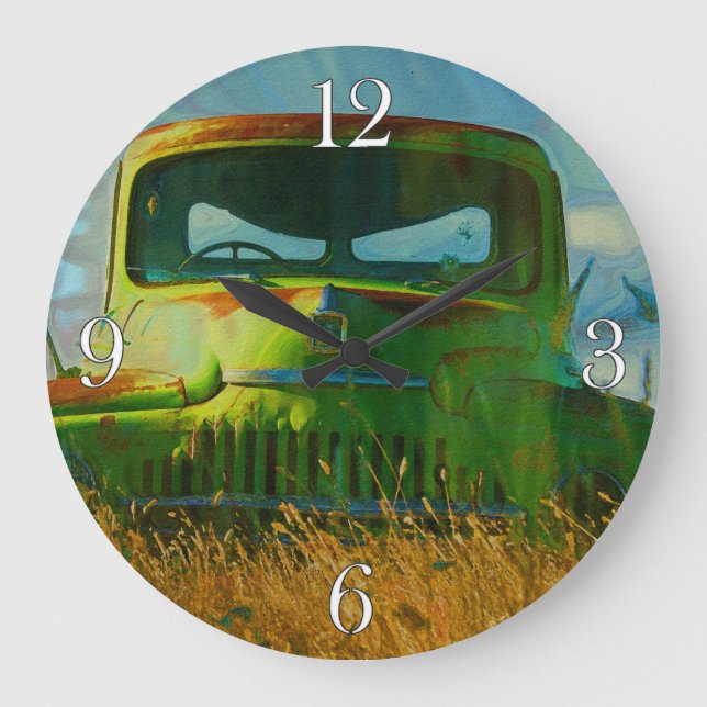 Old Green Farm Truck and Field Large Clock (Front)