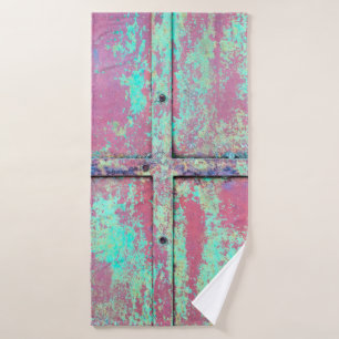 Old green painted wall with rust texture. Grunge r Bath Towel