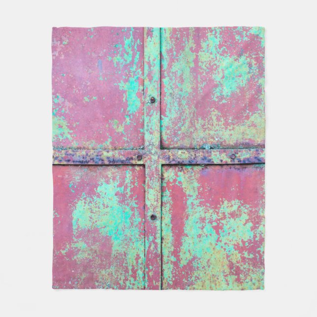 Old green painted wall with rust texture. Grunge r Fleece Blanket (Front)
