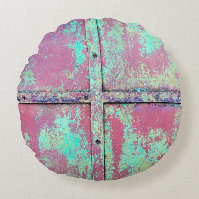 Old green painted wall with rust texture. Grunge r Round Pillow (Front)