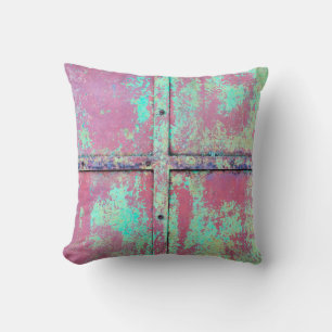 Old green painted wall with rust texture. Grunge r Throw Pillow
