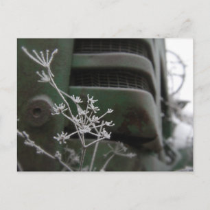 Old Green Tractor Grill with Frozen Flower Invitation Postcard