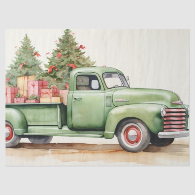 Old Green Truck with Festive Pines & Presents Tissue Paper (Front)
