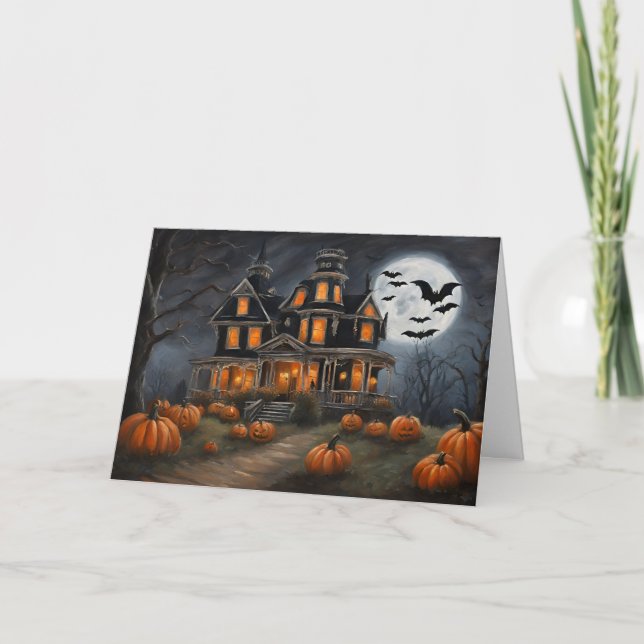 Old Halloween House and Pumpkins  Holiday Card (Front)