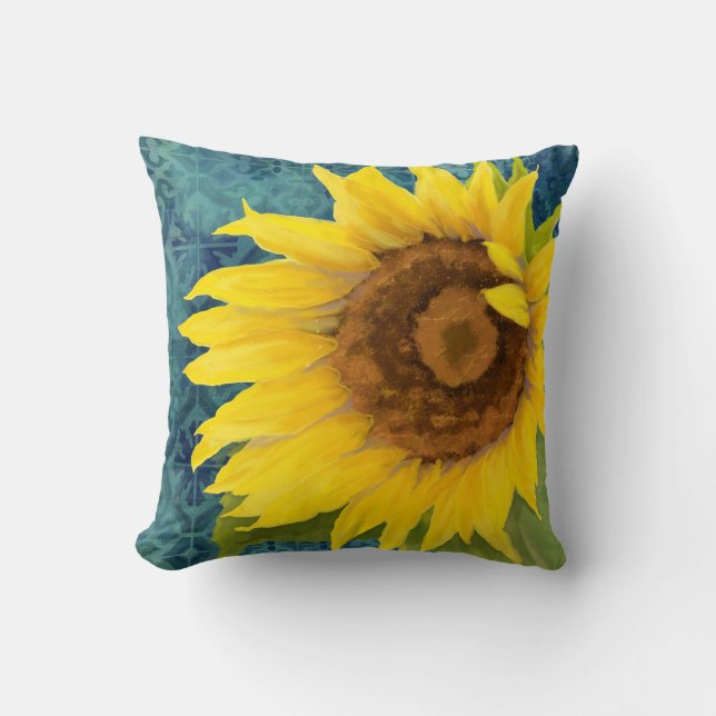 Old Havana Sunflower Floral Blue Tile Pattern Art Throw Pillow (Front)