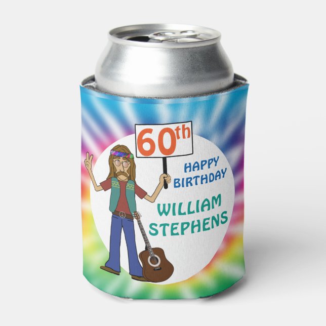 Old Hippie Hippy Tie Dye 60th Birthday Party Can Cooler (Can Front)