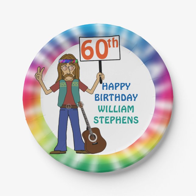 Old Hippie Hippy Tie Dye 60th Birthday Party Paper Plate (Front)