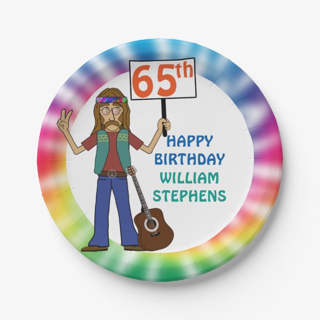 Old Hippie Hippy Tie Dye 65th Birthday Party Paper Plate (Front)