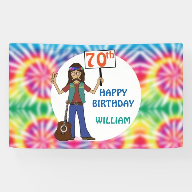 Old Hippie Hippy Tie Dye 70th Birthday Party  Banner (Horizontal)
