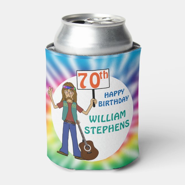 Old Hippie Hippy Tie Dye 70th Birthday Party Can Cooler (Can Front)