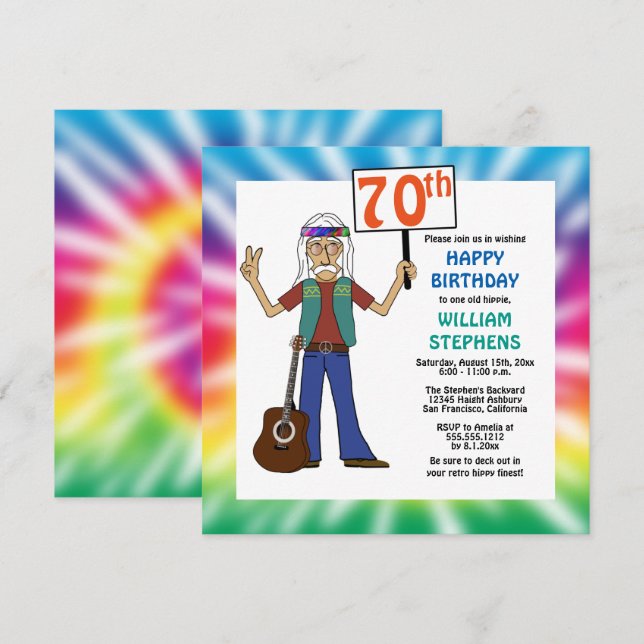 Old Hippie Hippy Tie Dye 70th Birthday Party Invit Invitation (Front/Back)
