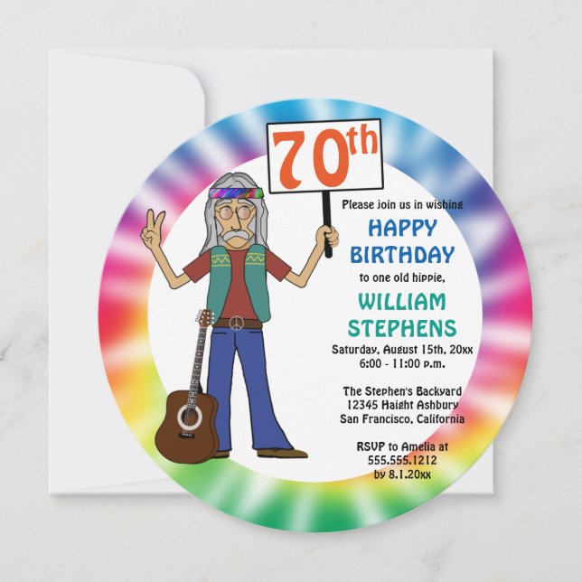 Old Hippie Hippy Tie Dye 70th Birthday Party  Invitation (Front)
