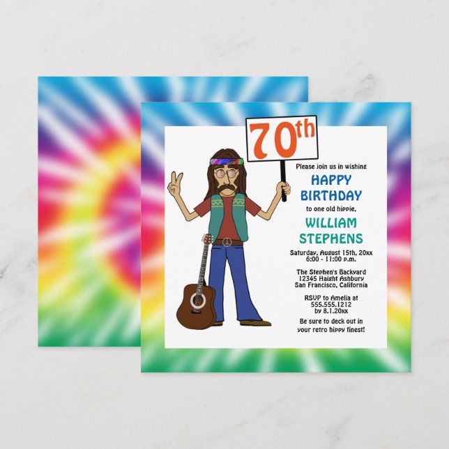 Old Hippie Hippy Tie Dye 70th Birthday Party Invitation (Front/Back)