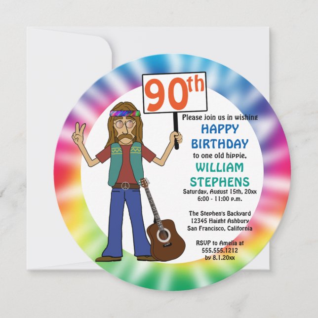 Old Hippie Hippy Tie Dye 90th Birthday Party Invitation (Front)