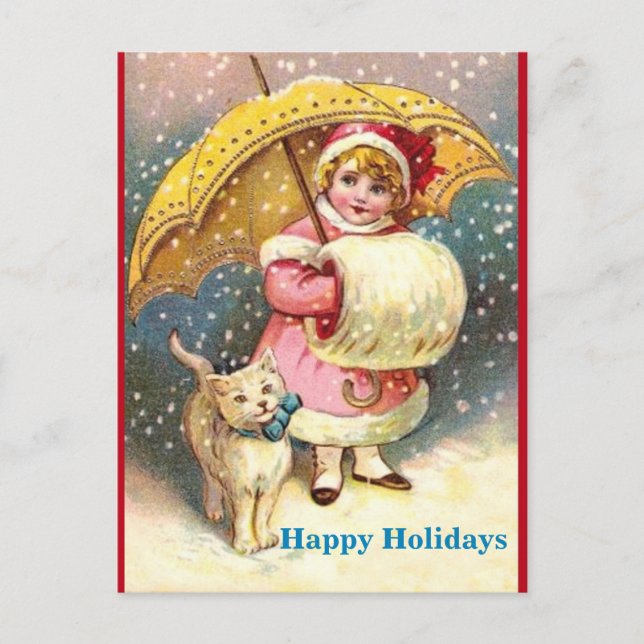 Old Holiday Image Girl, Snow ,Cat ,Yellow Umbrella (Front)