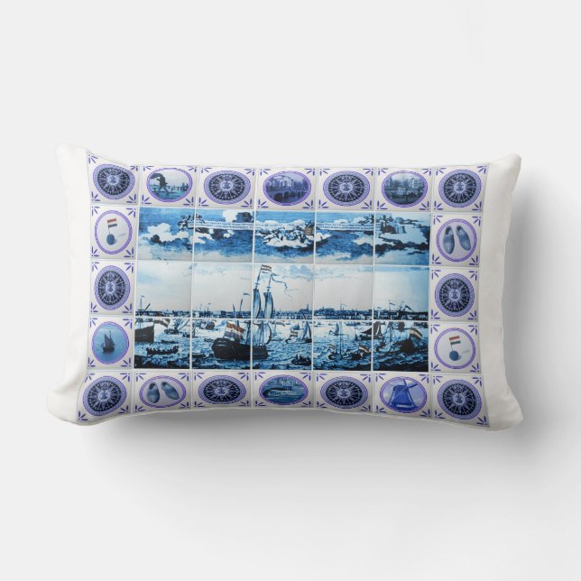 Old Holland Delft Blue/ Delftware Style Tile Mural Lumbar Pillow (Front)