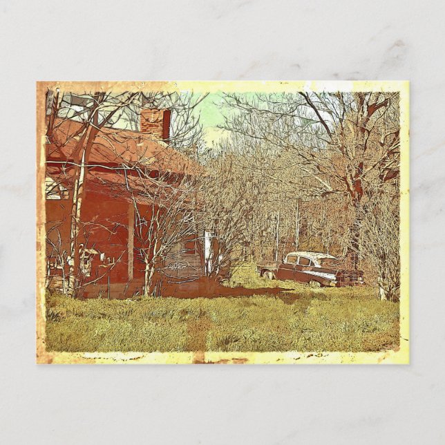Old House and Car Postcard (Front)